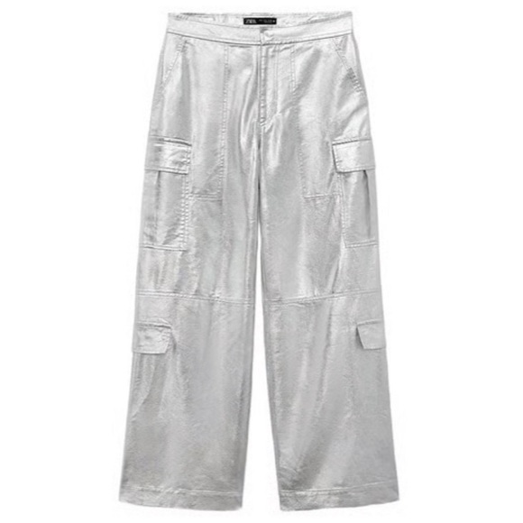 NEW Zara Silver Metallic Wide Leg Cargo Pants Luxe High Rise Utility - Picture 3 of 10